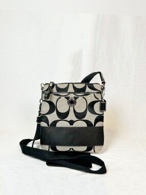 Coach Black Grey Canvas Signature Stripe File Bag Swingpack Crossbody Bag